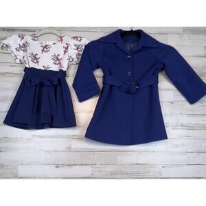 Vintage Handmade Girls Navy Coat & Bird‑Print Dress Set